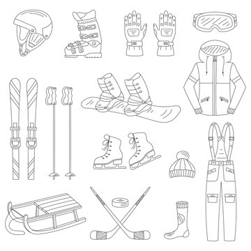 Winter sports collection, snowboard equipment, boots, board, helmet, goggles, protective clothing, ski kit, ice skates, sledge, isolated. Winter activity icons  hand drawn doodle vector illustration. 