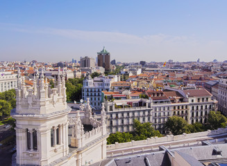 Fototapeta na wymiar Spain, Madrid, Cityscape viewed from the Cybele Palace.