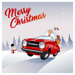 Funny Santa Claus, he is driving a red car