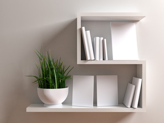 White shelf with blank group several picture frame for your design, photo, image or text. Canvas blank mock up template with plant and books on white background. 3d illustration