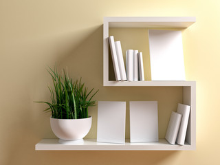 White shelf with blank group several picture frame for your design, photo, image or text. Canvas blank mock up template with plant and books on beige (light yellow) background. 3d illustration