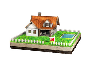 Beautiful home for sale realestate sign. Little cottage on a piece of earth in cross section. 3D illustration.