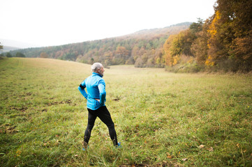 Senior runner with earphones doing stretching. Autumn nature.