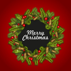 christmas background with fir tree branches and red berries