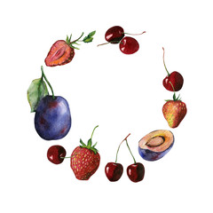 Watercolor fruit and berry frame of cherry, strawberry and plums. Set may be used for food packaging, wrapping paper or vegan menu design.