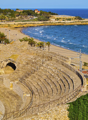 Spain, Catalonia, Tarragona, View of the Tarragona Amphitheatre from the Roman city of Tarraco.