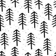 Winter graphic seamless pattern with graphic christmas trees. Hand drawn vector illustration. Wrapping paper Christmas. Scandinavian theme.