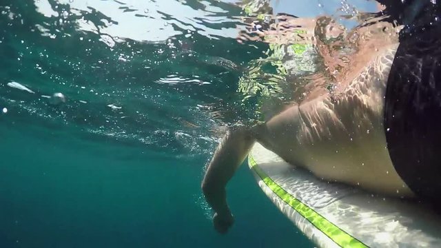 SLOW MOTION, UNDERWATER: Strong surfer enjoying holidays paddling on surfboard