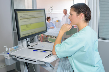 Nurse reading patient's notes on computer screen