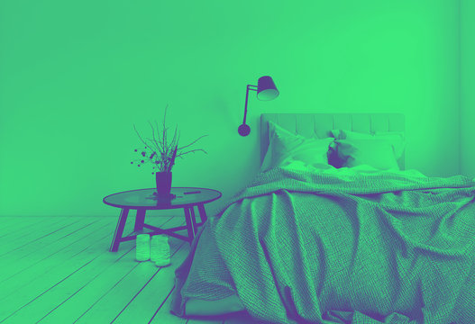 3D render of unmade bed in room with blank wall