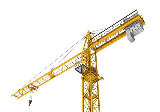 Rendering of yellow construction crane isolated on the white background.