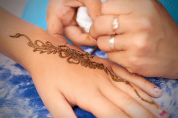 process of drawing henna on hand, mehndi apply the filter
