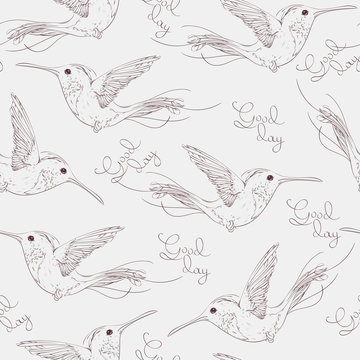 Tropical bird colibries and lettering good day seamless pattern. Hand drawn vector illustration.
