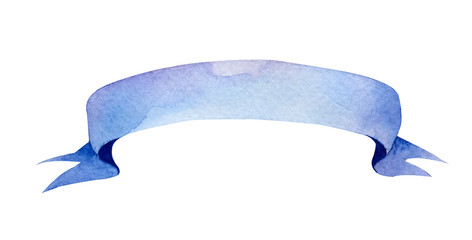 Blue watercolor ribbon. Hand drawn tape, banner or ribbon.Wedding invitation design element. Vintage watercolor isolated on white blue ribbon. Watercolor bright blue tape. Aquarelle ribbon