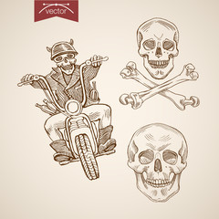 Engraving hand vector skull head biker driving bike helmet