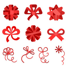 Flat Red gift bows ribbon isolated vector Holidays celebrations. - 126986205