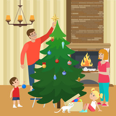 Flat happy family decorate Christmas tree interior vector