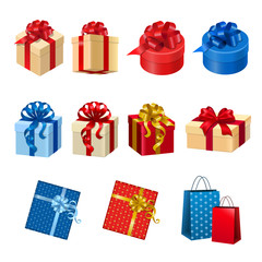 Flat isometric gift box bag bow ribbon vector 3d Winter Holidays