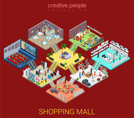 Flat isometric Shopping mall interior vector. 3d leisure