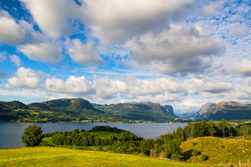 Amazing nature view with fjord, mountains and fields. Norway