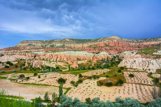 Red valley at Cappadocia, Anatolia, Turkey. Volcanic mountains