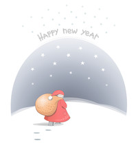 Santa Claus brings gifts in a big bag. Greeting card on new year. Vector illustration.