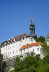 View of houses on the hill Toompea hill and St.Mary Church. Old city, Tallinn, Estonia...