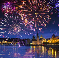 Fototapeta premium Festive firework over Karl Bridge, Prague, the Czech Republic