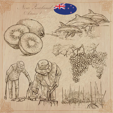 New Zealand. Pictures of Life. Vector pack. Hand drawings.