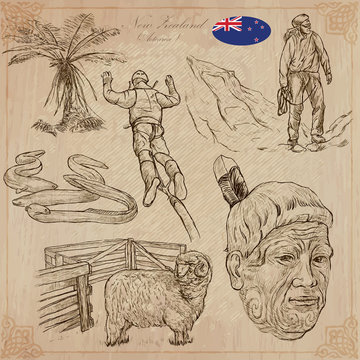 New Zealand. Pictures of Life. Vector pack. Hand drawings.