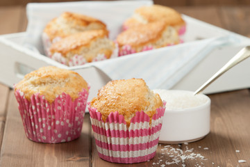 Coconut Muffins. Pennant Flags Holiday Decorations.