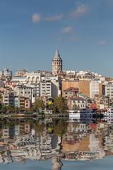 Obraz premium View of Galata district with Galata Tower over the Golden Horn in Istanbul, Turkey