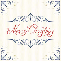 Square Merry Christmas card with flourish typographic design on the white texture background. Vector illustration.