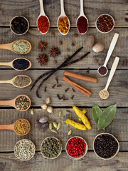 composition of spices on wooden background. view top. copy space