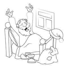 Santa Claus stretching in bed