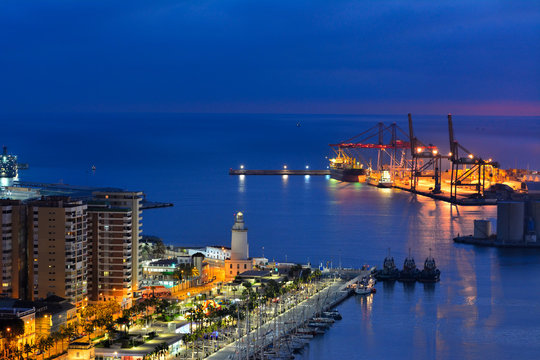 Panoramic view of Malaga port at night Spain