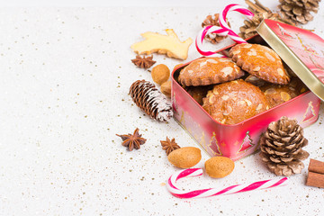 Christmas cookies with almond nuts and ginger in tin box copy sp