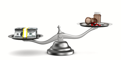 Medicines and money on scales. Isolated 3D image