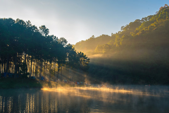 Morning in Pang Ung Lake,North of Thailand, is a tourist place where people come to vacation in the winter. Because of the large reservoir The cold causes steam to rise above the surface.