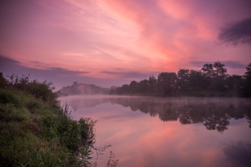 Colorful morning over Vistula river near Krakow, Poland