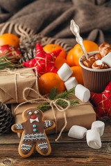 Christmas composition with gingerbread and oranges