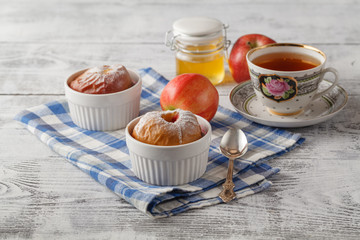Baked Apple with tea. Puff pastry and cinnamon. With Copy Space