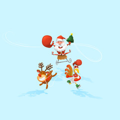 Fototapeta premium Vector illustration. Jolly Santa Claus in a sleigh, Santa's reindeer, and a rooster. The symbol of the new year. design elements. Merry Christmas. Cartoon Style and flat. Christmas tree.
