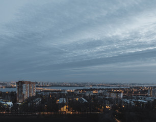 Obraz premium Night Voronezh city from the roof. Blue sky, night lights