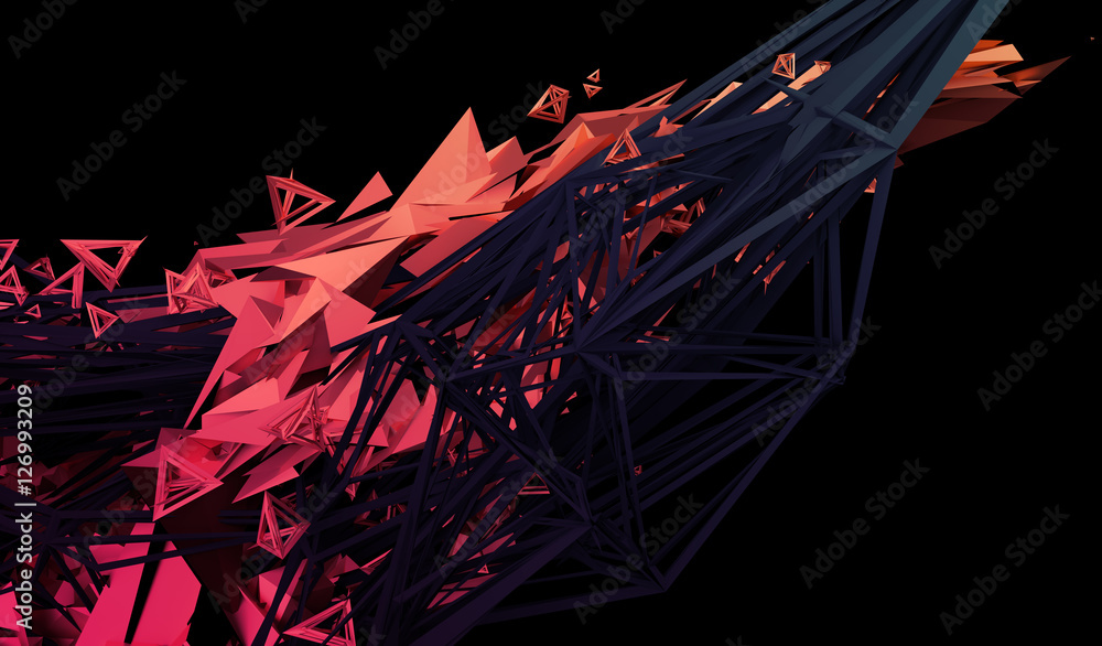 Poster Abstract 3d rendering of chaotic plexus surface. Contemporary background with futuristic polygonal shape. Distorted low poly object with sharp lines.