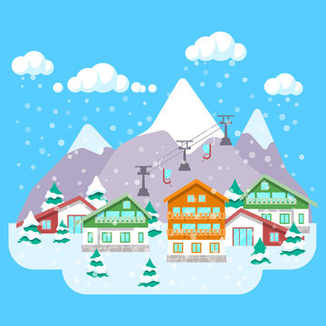 Mountain Ski Resort with Winter Landscape, Hotels and Lift. Vector background