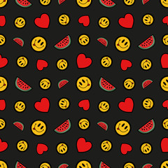 Hearts Smile and Watermelons Seamless Pattern. Fashion Background in Retro Comic Style. Vector illustration