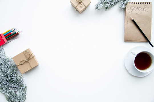 planning of the new year top view white background