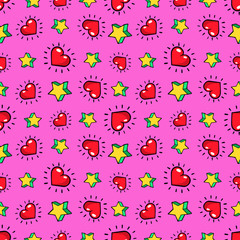 Hearts and Stars Seamless Pattern. Fashion Background in Retro Comic Style. Vector illustration