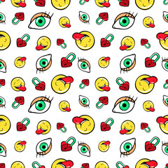 Eyes Heart Locks and Emoticons Seamless Pattern. Fashion Background in Retro Comic Style. Vector illustration